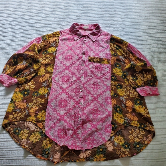 POL Paisley & Floral Oversized Button Up Top Pink Brown Size Small Bohemian - Picture 4 of 14